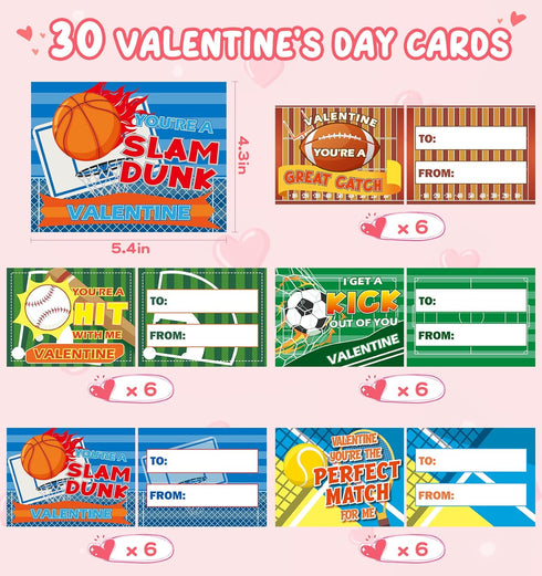 30 Pack Valentine Cards for Kids - Classroom Gifts with Sports Squeeze Balls for School Prizes