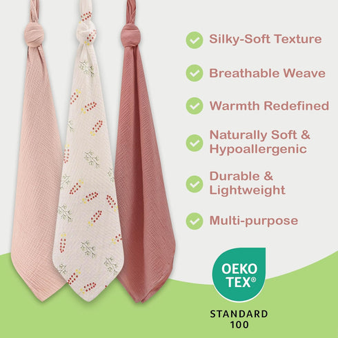 100% 3 Pack 38x40 Inch) Organic Cotton Muslin Baby Blanket - Breathable Swaddle, Hypoallergenic Double-Layer, Versatile