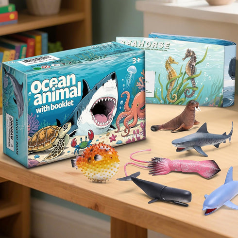 MOEAWS 20 3+, Pcs Ocean Animal Toy with Educational Booklet, Plastic Sea Animal with Gift Box, Mini Sea Creature