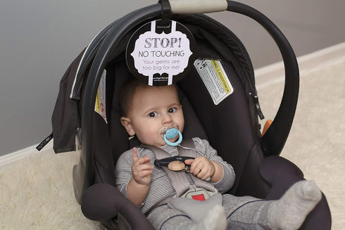 THREE LITTLE TOTS Black and White Stop No Touching Baby Car Seat Sign, CPSIA Safety Tested Stroller Tag