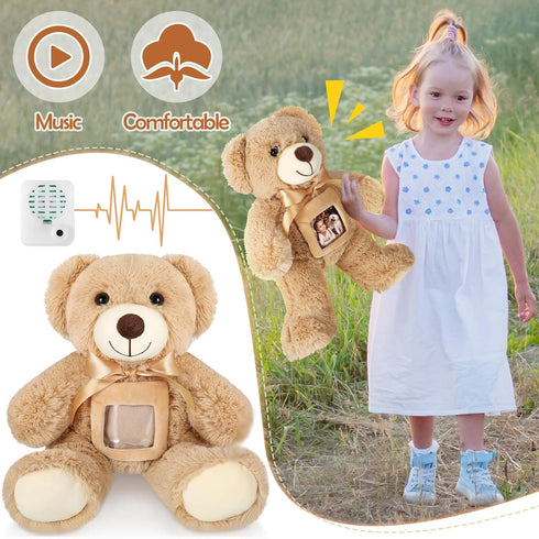 14 Inch Remembrance Bear Plush Stuffed Animal with Recorder, Soft Doll Fabric Toy, Picture Frame, Brown