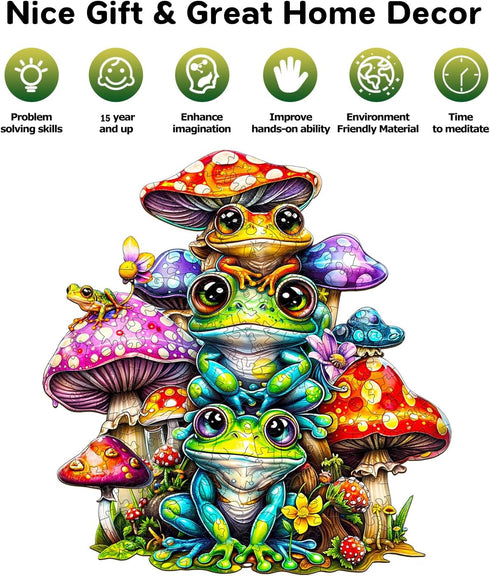 Wooden Puzzle for Adults, Frog Family Wooden Jigsaw Puzzles, Unique Animal Shape Puzzles for Family Friends