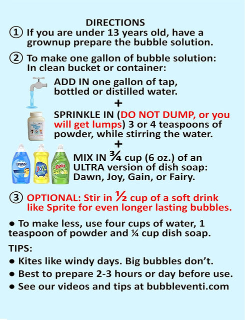 Bubbleventi Giant Bubble Mix | 100% Vegan Non-Toxic Powder Makes 10 Gallons of Premium Bubble Solution for Kids