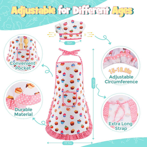 Cute Stuff Apron for Girls, Kids Cooking Sets with Toddler Chef Hat and Cookbook, Birthday Gifts for 3-8 Year Olds