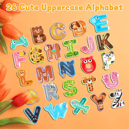 26 Magnetic Letters, Animal Alphabet Magnets, Fun Preschool Learning Toy, Large Fridge Magnets for Spelling Games