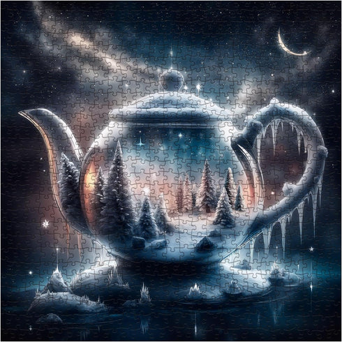 BBOLDIN 1000 Fantasy Winter Teapot Puzzle for Adults Piece, Night Forest Snow Scene Jigsaw Puzzle, Nebula Starry Night