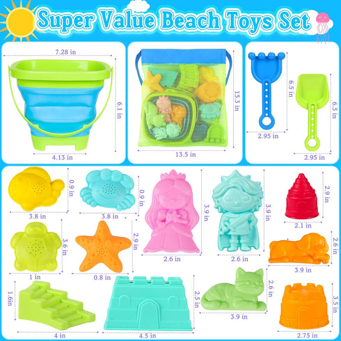 Set 3-10 Collapsible Beach Toys for Kids Toddlers, Foldable Sand Bucket and Shovels with Mesh Bag & Sand Castle