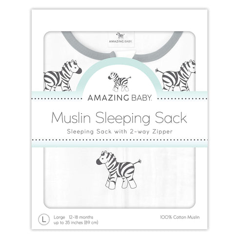 Amazing Baby Muslin Sleeping Sack, Zebra, Large, 12-18 Month, Wearable Blanket with 2-way Zipper