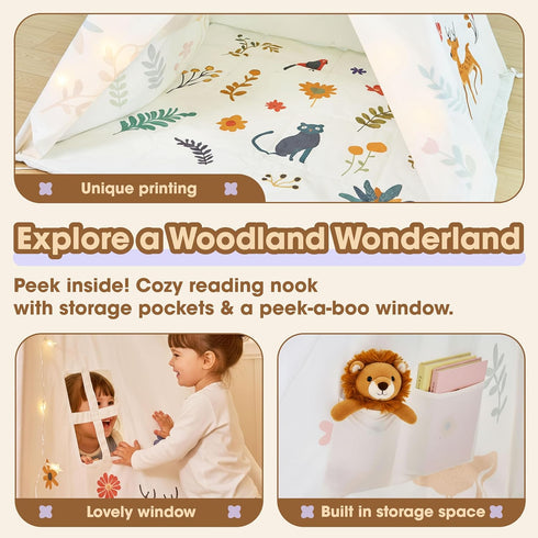 BUDDGO Teepee Tent for Kids with Colorful Flag, Kids Play Tent Indoor with Thicked Mat & Dream Catcher, Toddler Tent