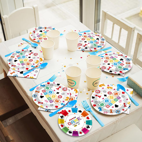 Wiooffen 96 Pcs Family Game Night Party Supplies, Gaming Party Decoration for Birthday, Tableware Set for 24 Guests