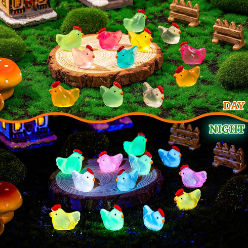 128PCS Luminous Mini Resin Chickens, Tiny Chickens Miniature Figurines Glow in The Dark for Home Decor