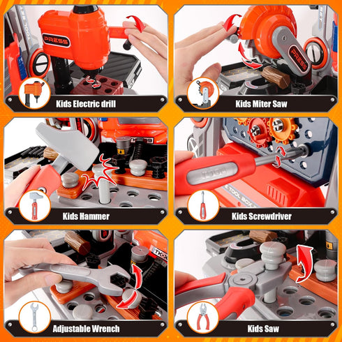 65 Set, 2-in-1 Set 3 4 5 6 7 8 Pcs Kids Tool Kids Tool Box & Bench, Toddler Tool with Electric Drill and Power Miter