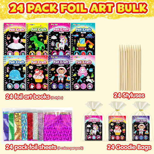 24 Pack 4-8 8-12, FUNNYB&G Foil Art Party Favors for Kids - Foil Art Crafts Kits Coloring Books, Goodie Bag Stuffers