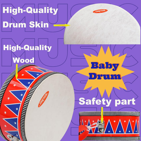 Set CRAFTEEM Kids for Toddlers - Baby Musical Toy w/Wrist Bells, Drum Sticks & Fun Drum Instrument for Boys & Girls