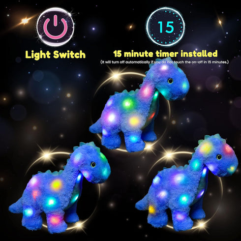 16'' Hopearl LED Plush Dinosaur Light up Stuffed Diplodocus Animal with Long Neck Night Lights Glow in The Dark