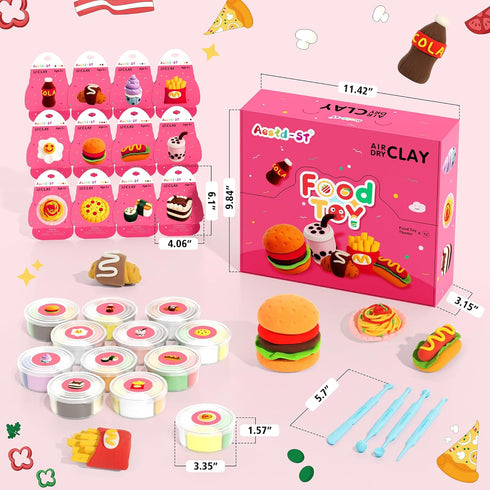 12 Air Dry Clay Kit - Food Toy Theme, Modeling Clay for Kids, DIY Model Magic Clay with Tools and Tutorials, Boxes