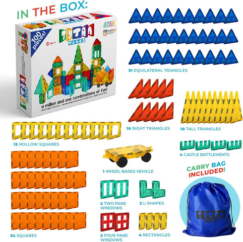 Tytan TILES 100-Piece Magnetic Building Set, 1000s of Creations, Kids’ STEM Toy, Ergonomic Design, Includes Storage