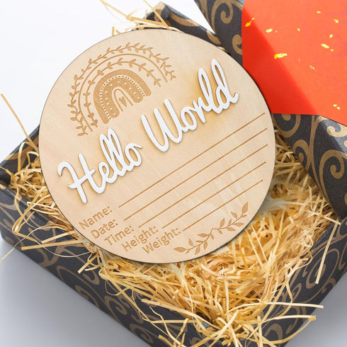 NQEUEPN 5.91x5.91in New Baby Announcement Sign, Hello World Plaque Sign Wooden Baby Name Information Sign Birth