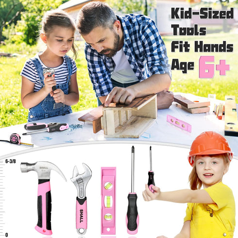 26-Piece Set, 12" 6+, SHALL Kids Size Tool Pink Real Tools for Kids with Tool Bag, Safety Certified Children Learning