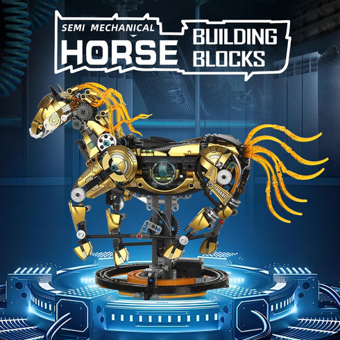 funxinee 12+, Mechanical Horse Building Blocks Linkage Kit, Animal World Model with Lighting & Display Stand, STEM Toy