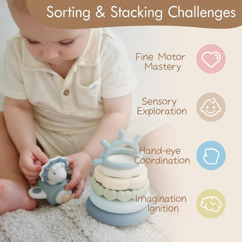 Moonkie 7-Piece 6 Dinosaur Baby Stacking Toys | Silicone Rings for Teething Relief | Educational Toy for Infants