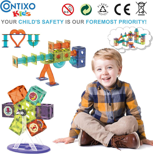 110 3D Set, Contixo STEM Building Toys - pcs Marble Magnetic Run Tiles Learning Stacking Educational Building Blocks