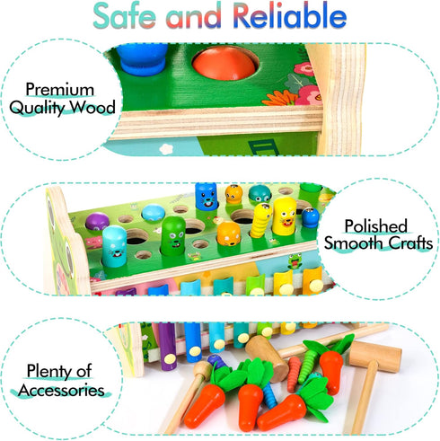 6 in 1 Wooden Montessori Toys for 1 Year Old - Whack-A-Mole Hammering Pounding Toy with Xylophone, Educational Gift