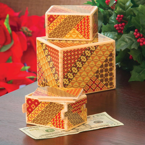 Bits and Pieces Detailed Mosaic Secret Puzzle Box, 7 Step Solution Wooden Money Box Brainteaser Game