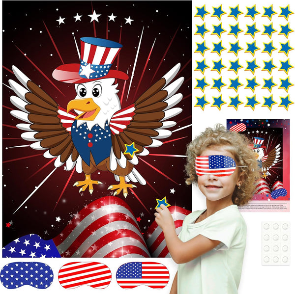ASTARON Pin The Star on The Eagle, Patriotic Party Game for 4th of July, Poster with Stickers & Blindfolds