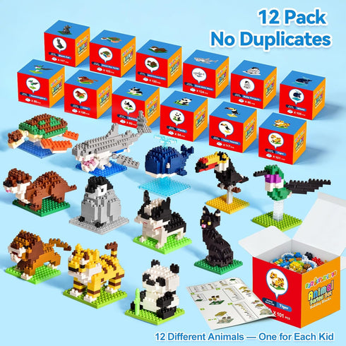 6-12, 12 Pack Packaged FUN LITTLE TOYS Party Favors for Kids Mini Animal Building Blocks, Individually Small Building