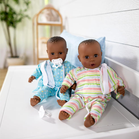 Melissa & Doug Mine to Love Twins Tyler & Taylor 15” Dark Skin-Tone Baby Dolls with Rompers, Caps, Pacifiers