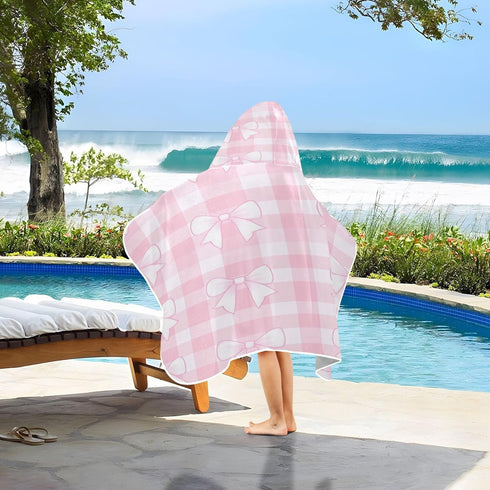 Takiito Bows on Pink Gingham Hooded Baby Towel for Newborn Infant, Soft & Absorbent Bath Towel Essentials, Machine