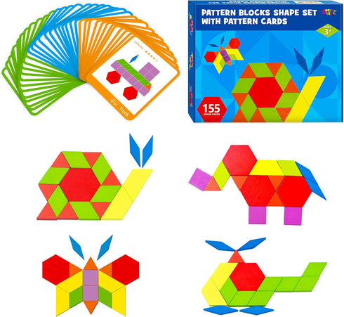 155 PCS Wooden Pattern Blocks Set, 24 Double-Sided Design Cards for Montessori Learning Toys