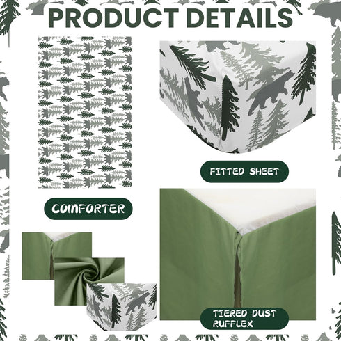 Hahafelt 3 Set Sets Set Pcs Woodland Crib Bedding for Boys, Green Elk Bear Baby Crib for Newborn, Infant & Toddler