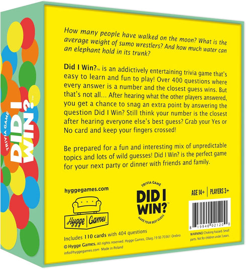 Hygge Games Did I Win? Trivia Game | Board Games | Trivia Games | Board Games for Adults and Teens | Hygge Family Games | Ages 14+ | Time Well Spent, Multicolored, 5.7 x 5.7 x 1.8 inches
