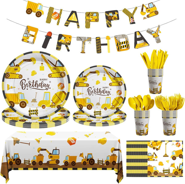 Cecnamt Construction Birthday Decorations, 170 Pcs Construction Birthday Party Supplies Including Banner,