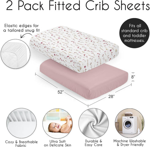 2-Piece Set Sweet Jojo Designs Baby Crib Sheets (Boho Garden Pink Floral) for Girls, Infant Nursery, Toddler Room