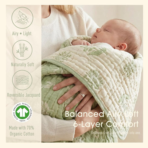 43x43 Ultra Soft Muslin Baby Blanket - Made with Organic Cotton, Earthy Botanicals Jacquard Swaddle & Crib Quilt, (Sage