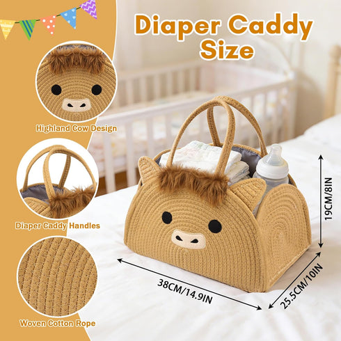 Highland Cute Cow Baby Diaper Caddy Organizer, Woven Cotton Rope Basket for Nursery, Portable Diaper Caddy Empty Gift