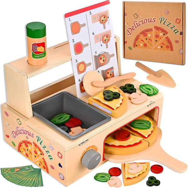 Wooden Pizza Toy, Wooden Pizza Counter Playset with Bake Oven, Montessori Pretend
