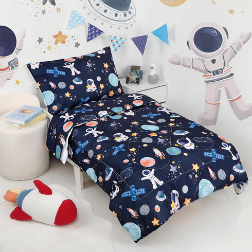 4 Set, Sets Piece Toddler Bedding Ultra Soft and Breathable Cartoon Space Toddler Comforter for Boys Includes Quilted