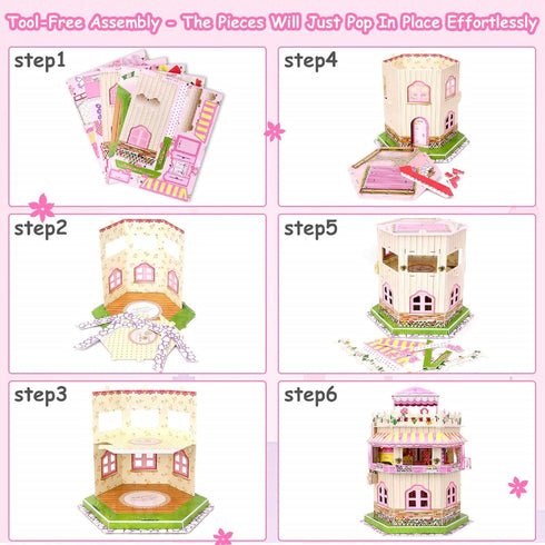 Rooftop Romance 3D Puzzle Dollhouse for Girls, Easy to Assemble Miniature Doll House Building Kit with LED Light