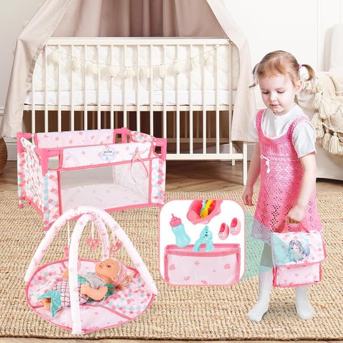 Set deAO Baby Doll Stroller Crib Bed Nursery Role Play Baby Doll Accessories and Play Mat,Travel Cot,Foldable Stroller