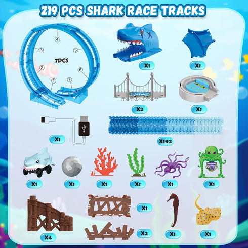 219 Set 360 3-8 VATOS Shark Track Toys - Pcs Flexible Race Track with Loops, Electric Shark Car & Auto-Rotating, Create