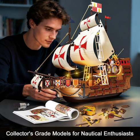 Set 2 1 1253 12+ HiWEEGO Santa Maria Ship Building with LED Lights, in Pirate Ship House Wharf Building Block Kit, PCS
