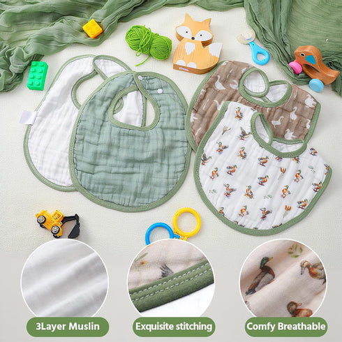 Shyyween 4 Piece Drooling Bibs for Baby Boys Girls,Soft Triple Layer Cotton Muslin, Adjustable Newborn Bibs