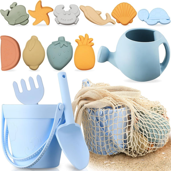 Civaner 15 Pcs Silicone Beach Toys for Baby Girls, Includes Shovel, Rake, Sand Molds, and Pail Set