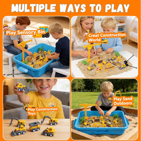 2.2lbs 5 3 4 5 6 7 8+ Construction Sensory Bin with Lid, Magic Sand & Construction Trucks, Sensory Sand Kit