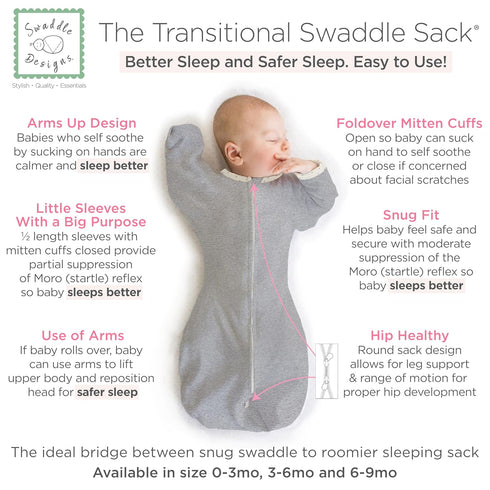 SwaddleDesigns Transitional Swaddle Sack - Arms Up Half-Length Sleeves, 0-3 Month, Heathered Gray