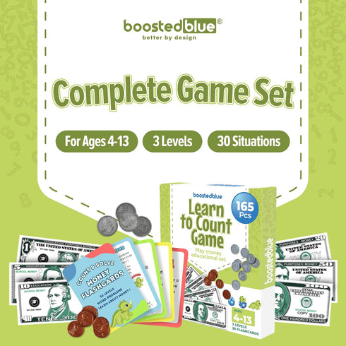 BOOSTEDBLUE Count 165 Set 4+ Set Learn to Educational Play Money Game | Piece Classroom | Ages | Paper Bills & Plastic